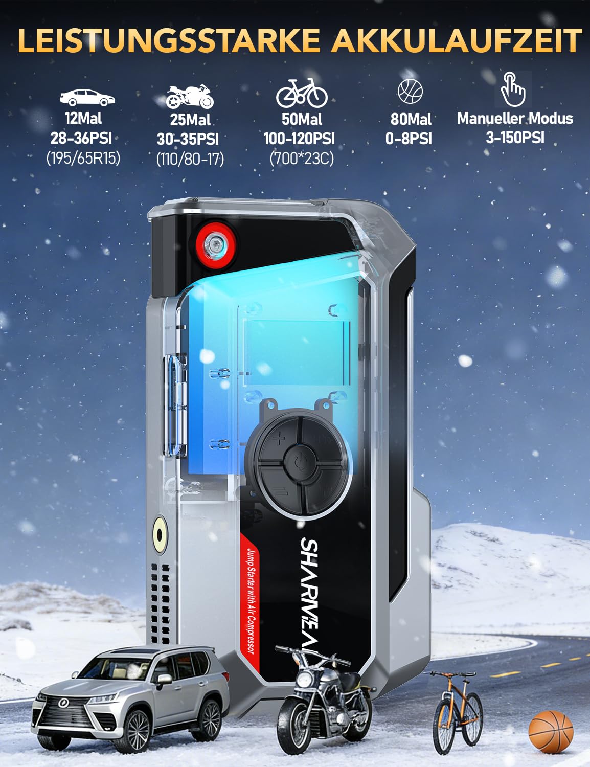 SHARMEAL Avviatore Batteria Auto con Compressore 250PSI, 10000A Booster Avviamento Auto (Tutti Gas/10.0L Diesel), Avviatore Emergenza Starter Batteria con Torcia a LED