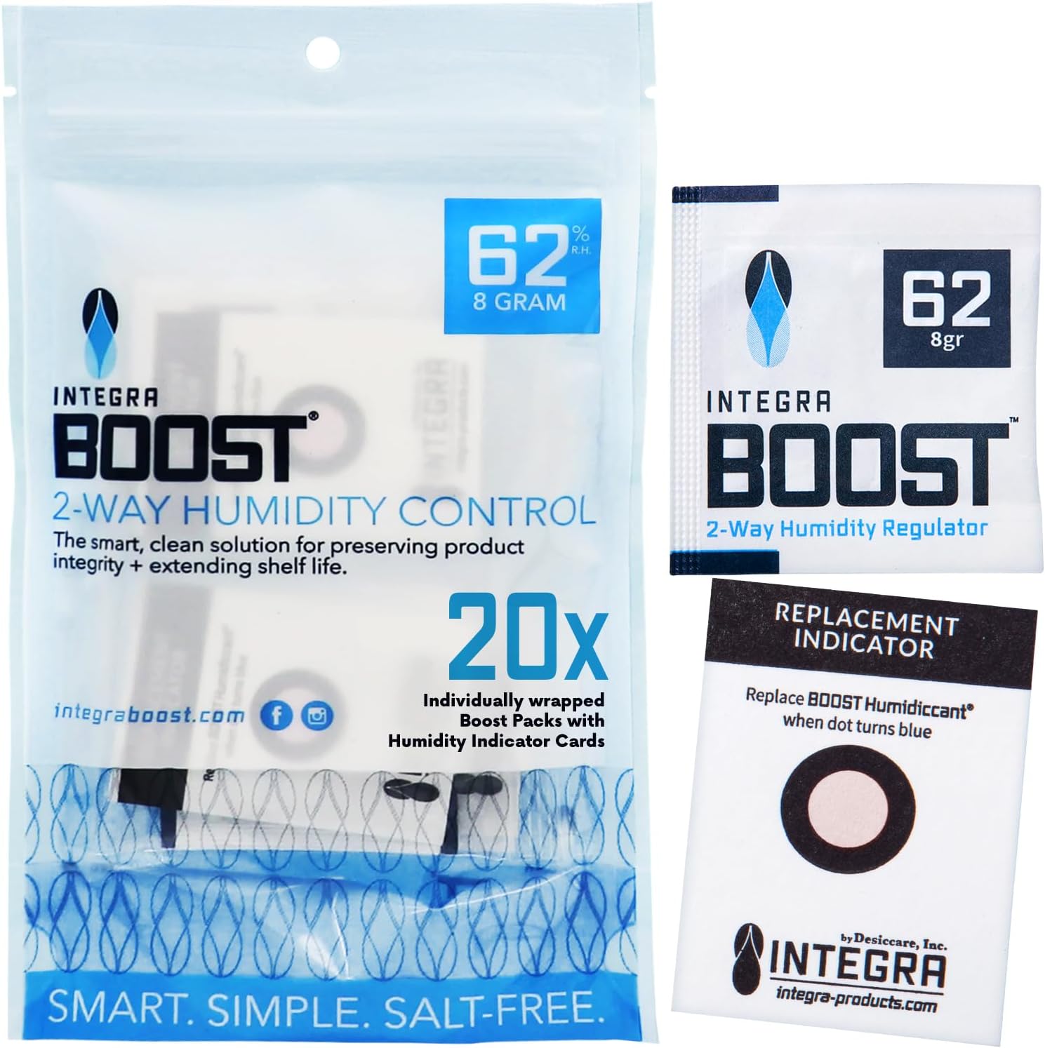 Integra Boost 2-Way Humidity Control Pack - Preserve Flavor & Control Humidity at 62% RH - Moisture Absorber for Herbs, Spices & More - 8 Gram (Pack of 20)