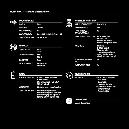 Miniatura 11 de Auriculares Marshall Motif True Wireless con Cancelación de Ruido, Intrauditivos, Negro