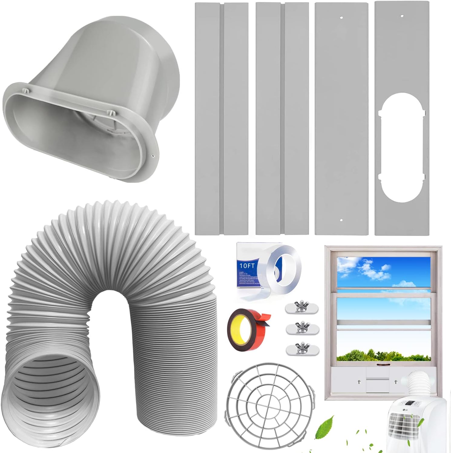 JENCEAILL Portable AC Window Vent Kit, Adjustable Vertical/Horizontal Sliding Window Kit Plate for AC Unit, AC Window Vent Kit, AC Window Seal with 5.9 Inch Diameter, 59 Inch Length Exhaust Hose