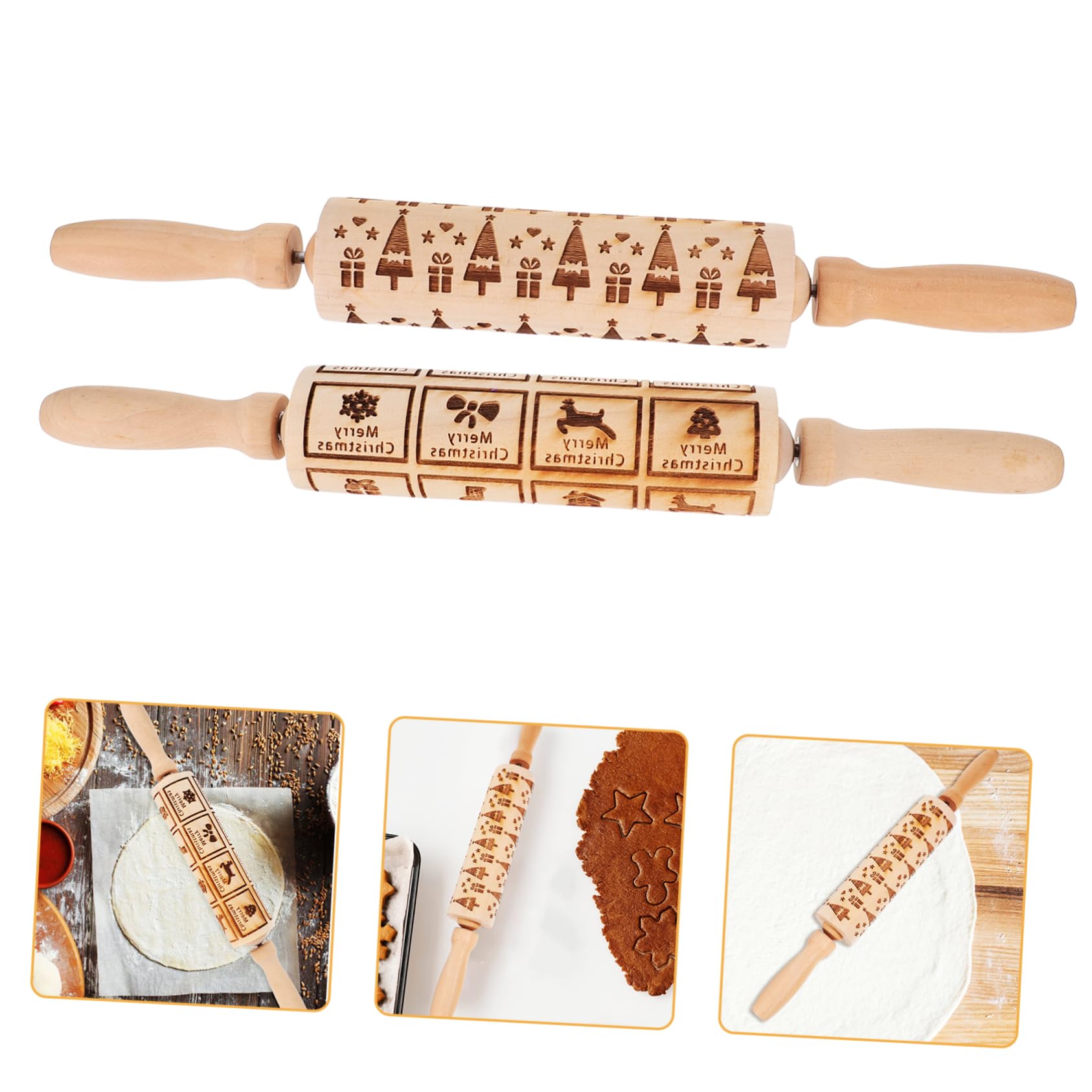 NUOBESTY 4 Juegos Rodillo De Madera Grabado De Navidad Adornos De Navidad Rodillo De Vacaciones Y Alfiler Xmas Rodillo De Madera En Herramienta De Rodillo Para Hornear 2 Piezas * 4