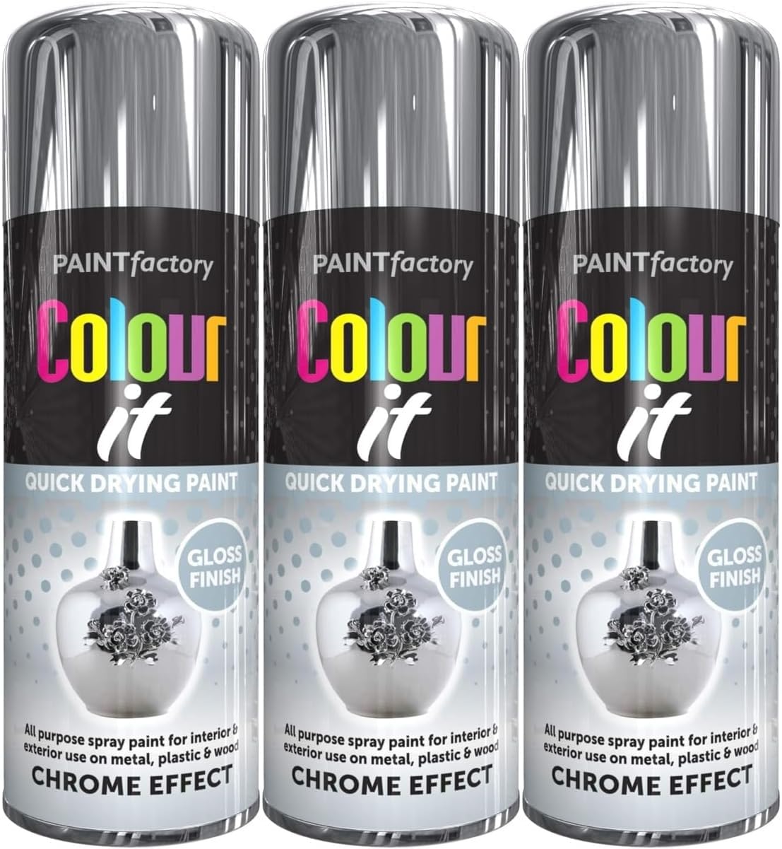 MIXEL Chrome Effect Gloss Spray Paint, Quick Drying Formula, DIY Projects, Ideal For Enhancing Metal, Wood, Plastic, Glass, Perfect For Crafting, Automotive, 400ml, (3 Pcs)