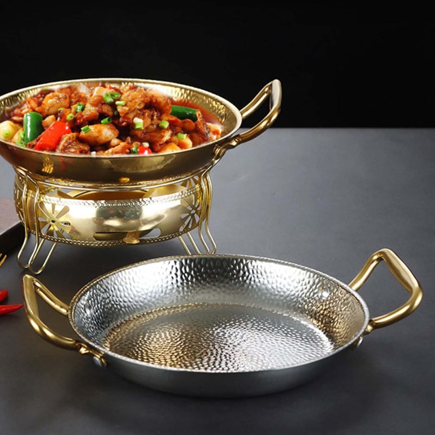 Spanish Paella Pan, 304 Stainless Steel Hand Hammered Non Stick Seafood Paella Pot with Dual Handle for Homes Or Restaurants,24cm,Silver,Silver-18cm