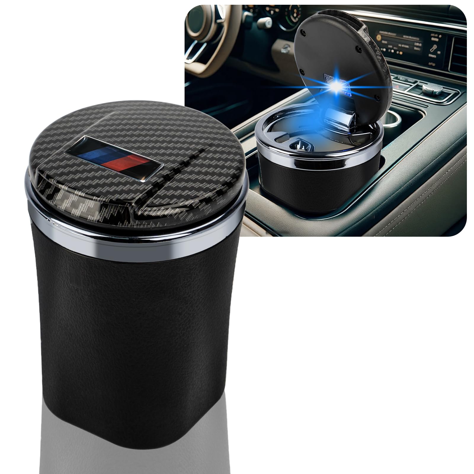 Car Ashtray,Ceramic Liner Car Ashtray for Smell Proof,Portable Ash Tray with LED Car Cup Holder Accessories for Indoor Outdoor Travel Car Smokers(Carbon Fibre Lid), MINI, HT852-PTXH
