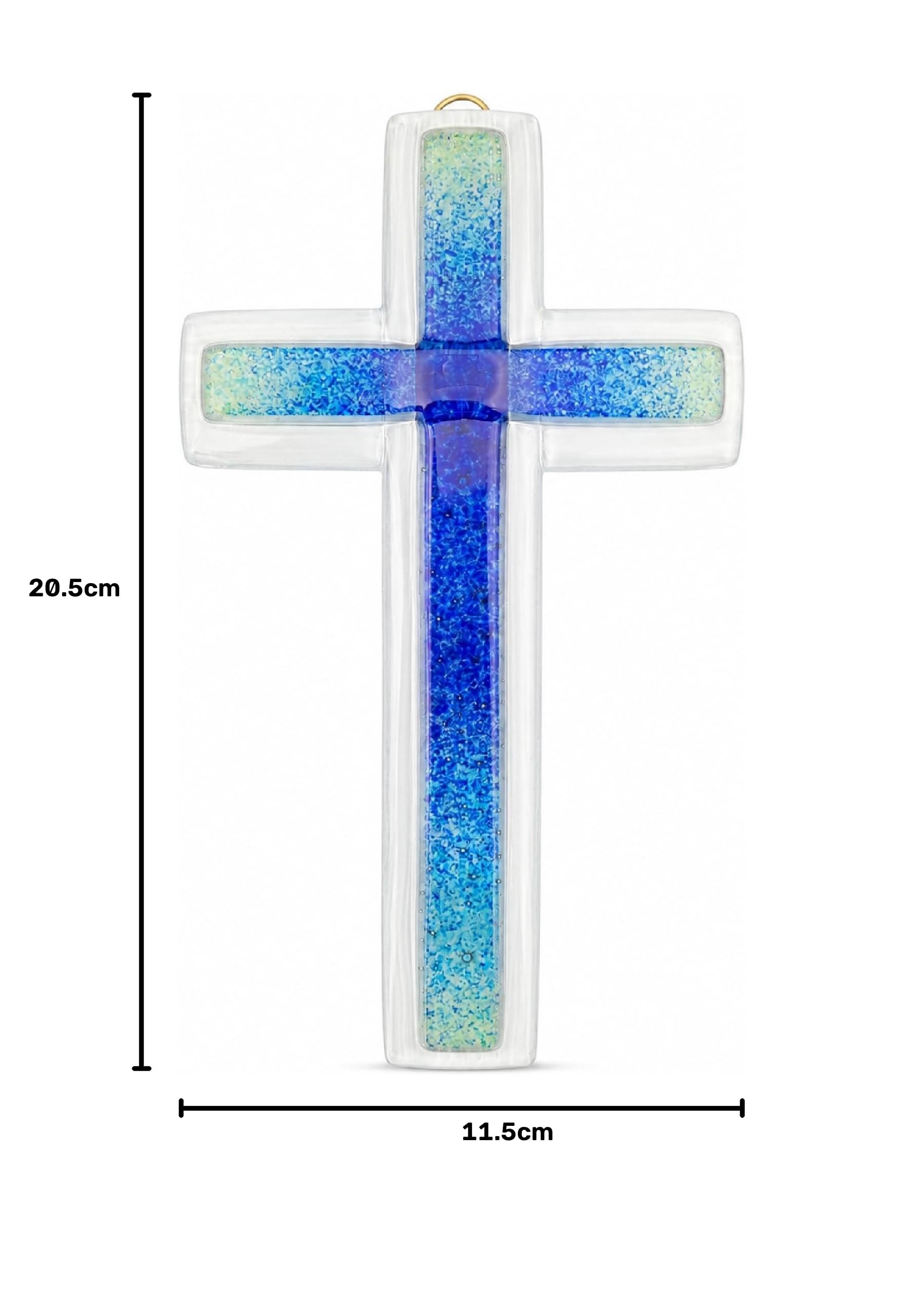 Lunexus Szklany krzyż ścienny 20,5 cm, ręcznie wykonany, prezent na chrzest, komunię, bierzmowanie, krzyż, szkło, niebieski, religijny krzyż dekoracyjny do zawieszenia, krzyż dziecięcy, chrzest, dla