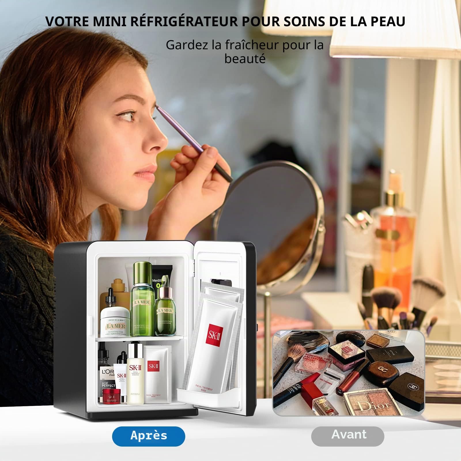 Cumeod Mini Frigo de Chambre, 15L /21 Canettes 330ml, 12V DC/220V AC Petit Frigo Cosmetique avec Fonction Chaud/Froid Pour Aliments, Boissons, Cosmétiques, Mode Max et ECO(Noir)