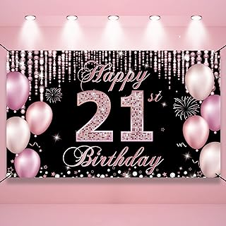 HTDZZI 21st Birthday Decorations for Her, Happy 21st Birthday Banner Backdrop, Pink 21 Year Old Birthday Party Photo Booth Props Background Decor for Outdoor Indoor, Fabric, 6.1ft x 3.6ft