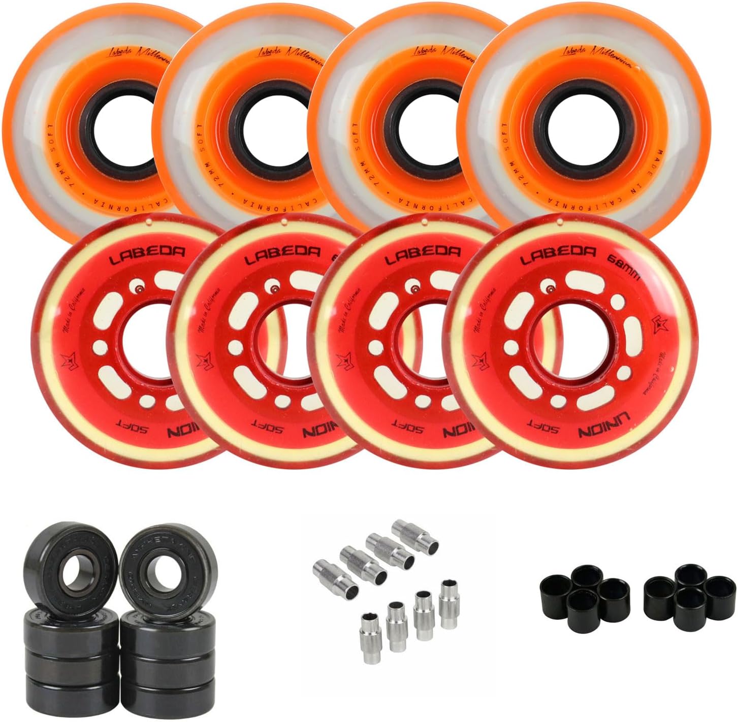 Labeda Roller Hockey Wheel Premium Youth Hilo Combo 68mm 72mm with Bearings Union + Red Orange