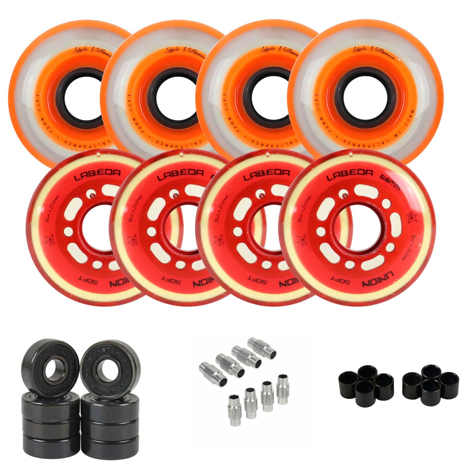 Labeda Roller Hockey Wheel Premium Youth Hilo Combo 68mm 72mm with Bearings Union + Red Orange