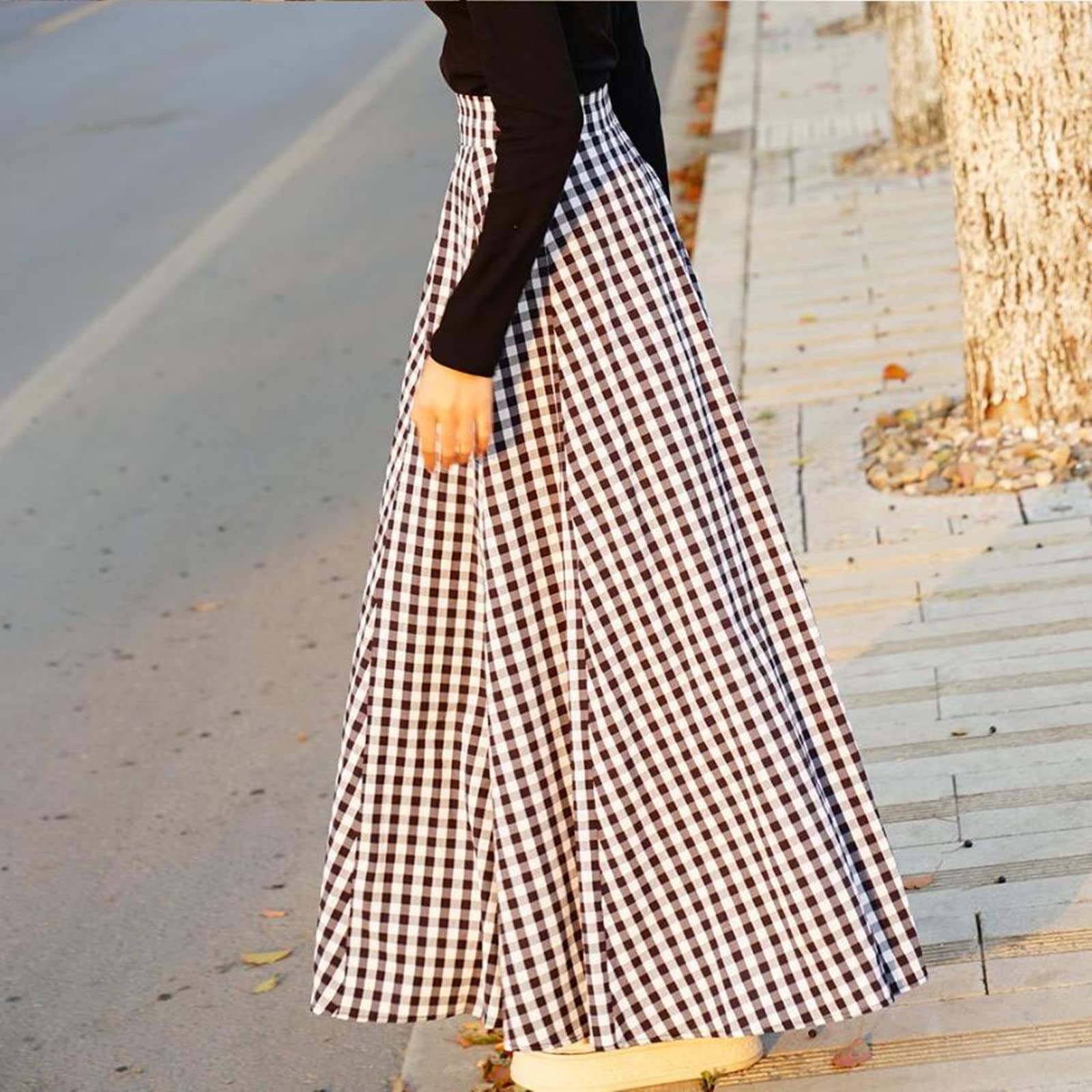Falda larga a cuadros para mujer, falda larga de cintura alta, vestido largo, casual, elástico, falda acampanada para mujer, Negro, XXXXL