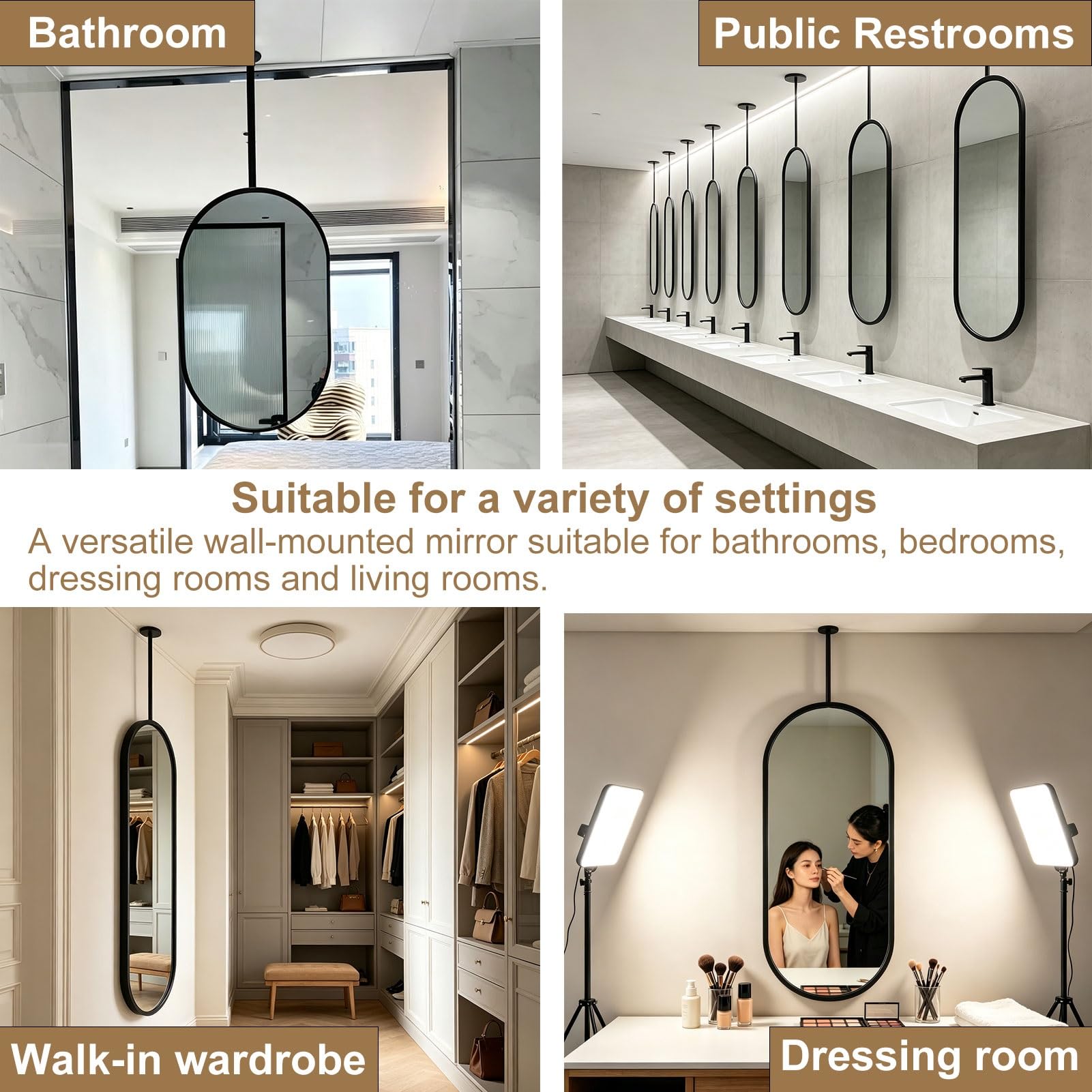 Miroir incassable ovale suspendu au plafond de la maison ou de l'hôtel | Miroirs suspendus simples et élégants,décoration murale,avec cadre et flèche en acier inoxydable brossé(50cmx60cm)
