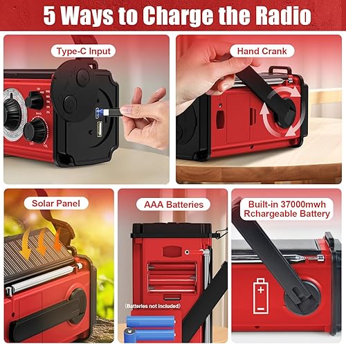 Miniatura 6 de Radio de emergencia con manivela de 37000 mWh, radio meteorológica solar portátil AMFMNOAA con batería recargable, cargador USB, alarma SOS,