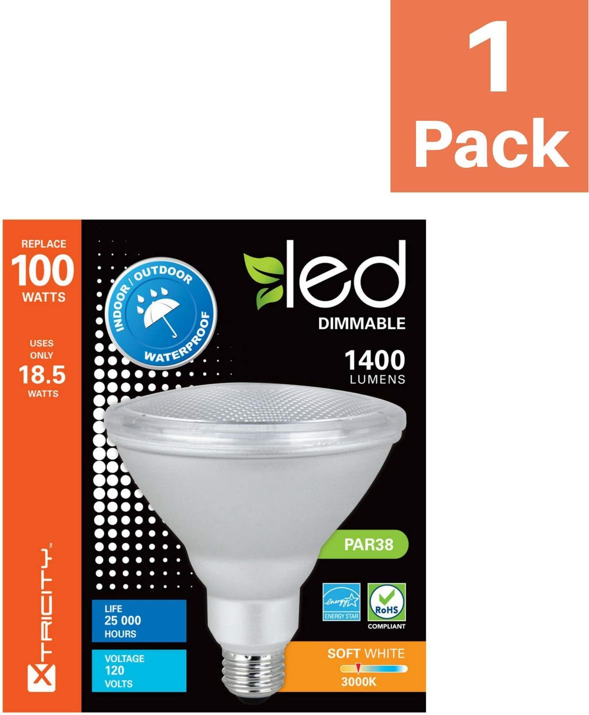 Xtricity PAR38 LED Flood Light Bulb, PAR38 Dimmable LED -18W (120W Equivalent), Waterproof, 1400 Lumens, 3000k Soft White, 120V, Indoor/Outdoor, Energy Star Certified, UL Listed (Pack of 1)