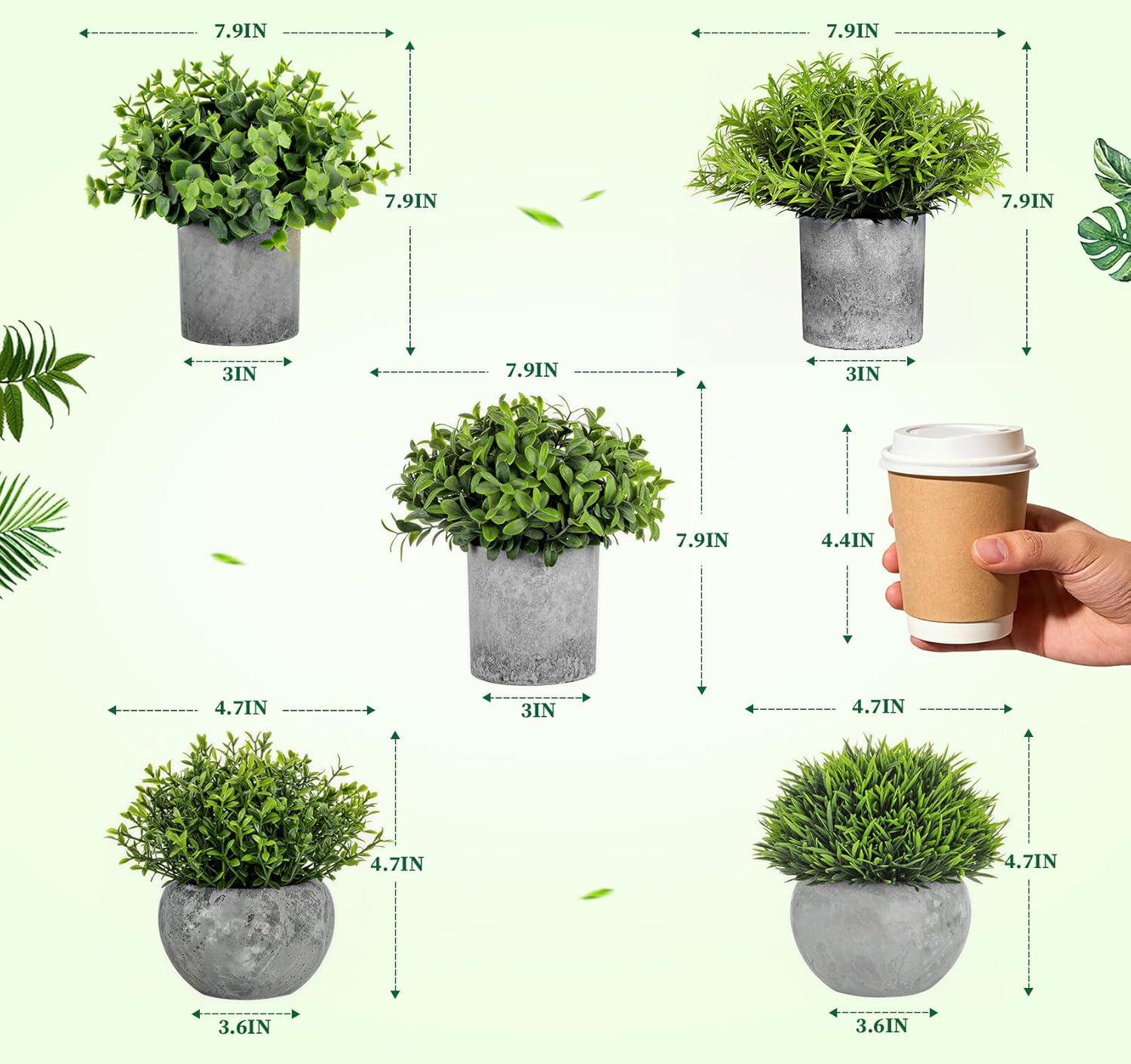 Fake Plants,5 Pack Small Fake Plants Mini Potted Artificial Eucalyptus Greenery Plastic Green Grass Plants for Indoor Outdoor,Mini Faux Plant for Shelve Desk Table Farmhouse Bathroom Shelf Decor - Image 2