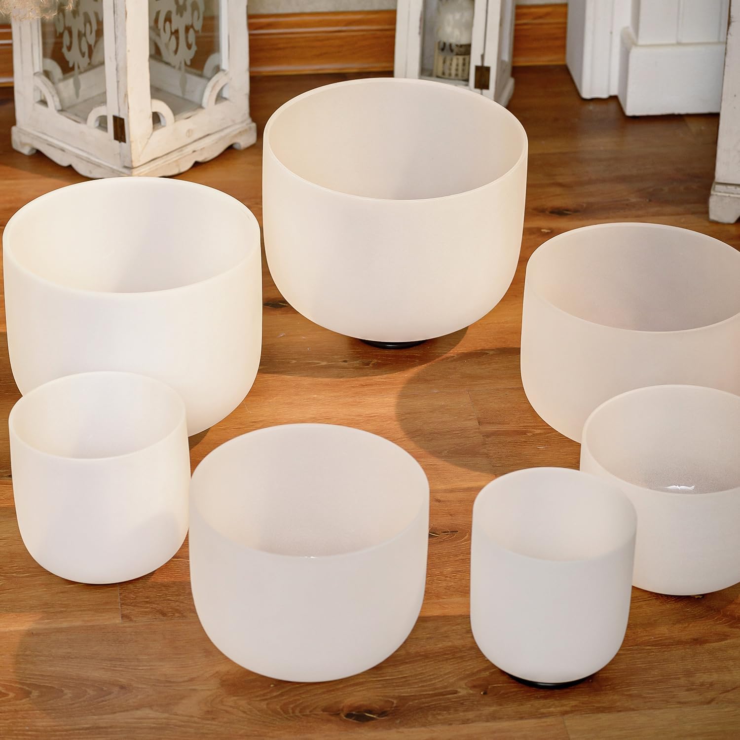 Hye-eun Kristall-Klangschalen-Set 17,8-30,5 cm, 7 Stück, Weiß Quarz Klangschale für Klangheilung, mit 2 Tragetaschen