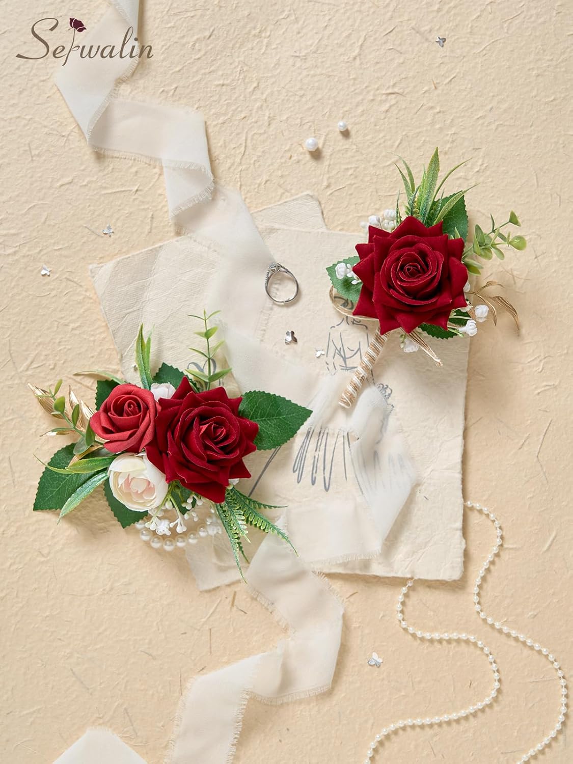 Serwalin Red Rose Corsage and Boutonniere Set, Boutonniere for Men and Wrist Corsage Wristlet Prom Homecoming Wedding Flowers Accessories Party Suit Decorations (red) - Image 7