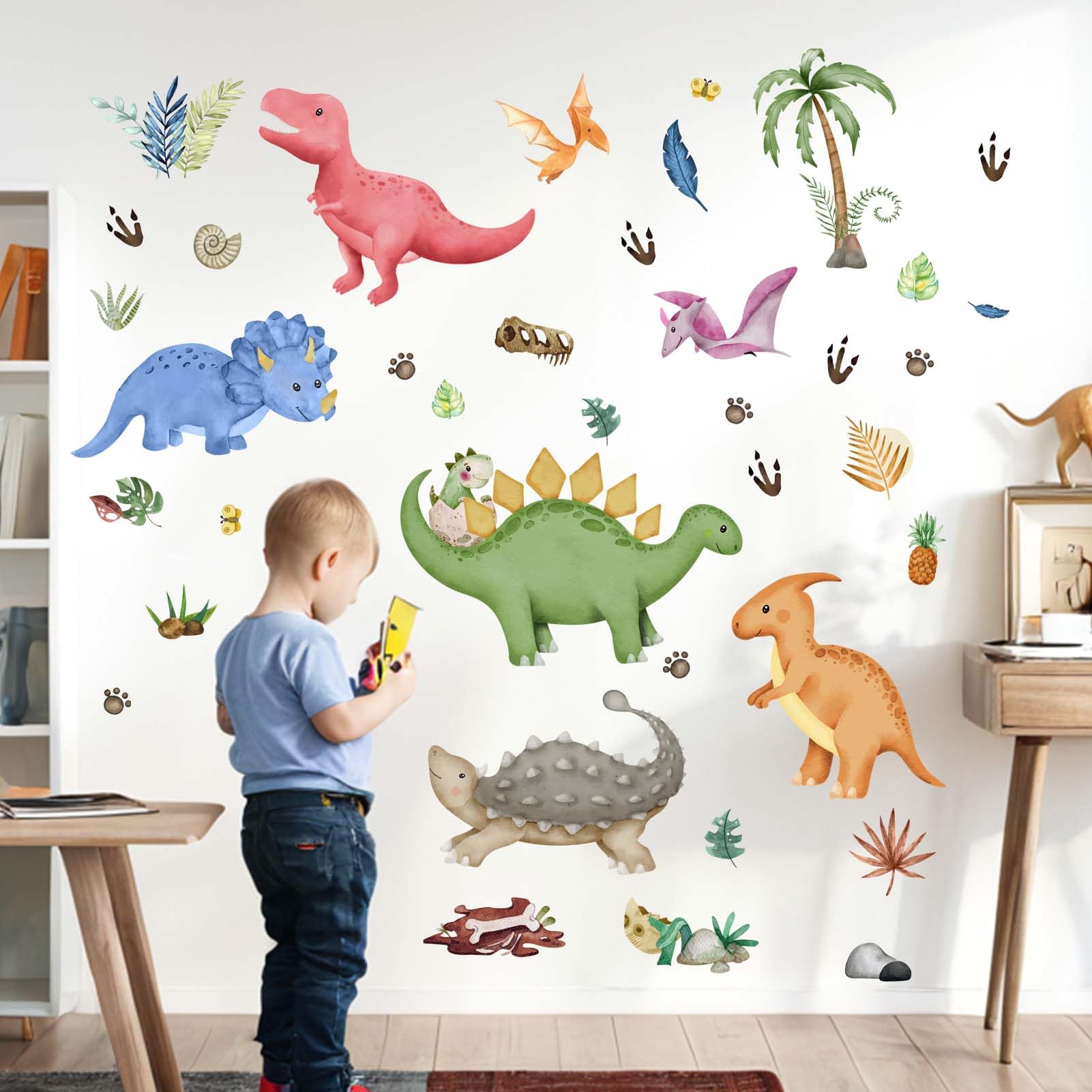 PinkEleph Watercolor Dinosaur Wall Decals, Tropic Palm Tree Dino Wall Stickers - Image 3