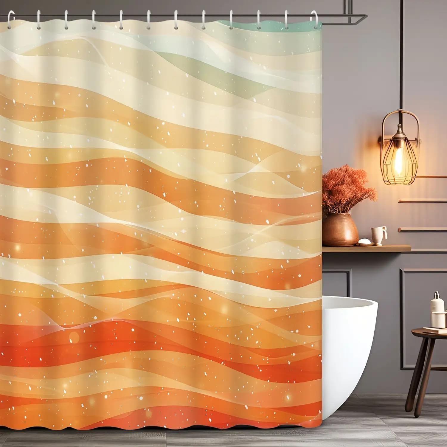 Rideau de Douche Orange et Beige 300 x 200 cm (L x H), Motif Abstrait dégradé de Lignes ondulées, Style bohème, Lavable et imperméable, avec Crochets