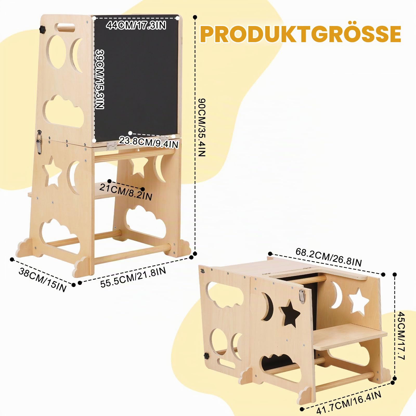 Montessori Lernturm für Kinder, 3 in 1 Learning Tower für Kinder Lernturm Klappbar Tritthocker mit Tafel, Küchenhocker-Helfer für Kinder, für Küchentisch und Badezimmer