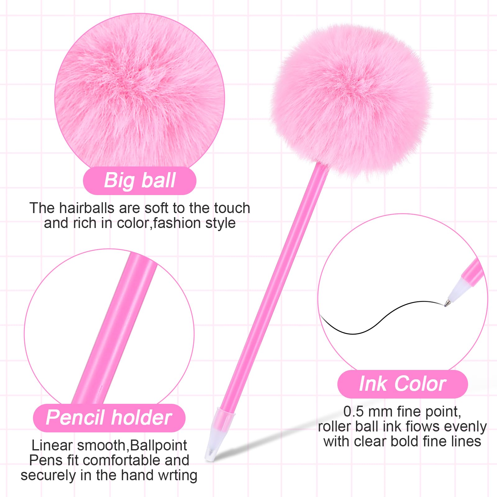 Sibba Pom Pom Pens 5 Pcs Needle Gel Ink Pens Pink Fuzzy Pens Fluffy Ballpoint Pen Cute Writing — view 3