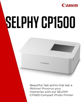 طابعة صور مدمجة من Canon SELPHY CP1500 – طباعة لاسلكية ، مطبوعات طويلة الأمد ، اتصال بطاقة USB-C & SD – مثالية لأجهزة الكشط وألبومات الصور ، أبيض GB