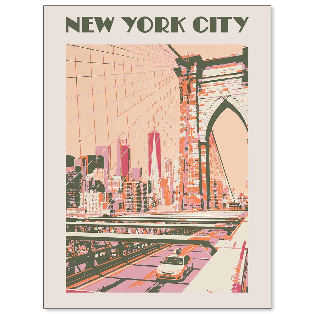 New York City Landscape Pink Posters Retro Us Landmarks Scenery Wall Art Vintage Bridge Canvas Painting for Living Room Bedroom Wall Decor 12x16 inch Unframed