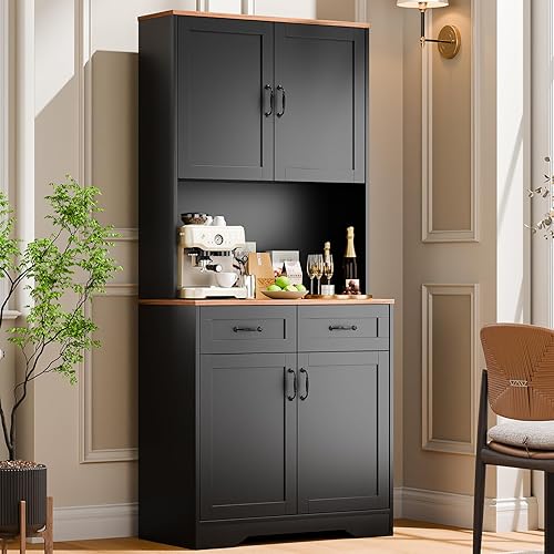 Cozy Castle Armario de despensa, gabinete de cocina de granja con cajones de almacenamiento, barra de café independiente, aparador de licor, armario