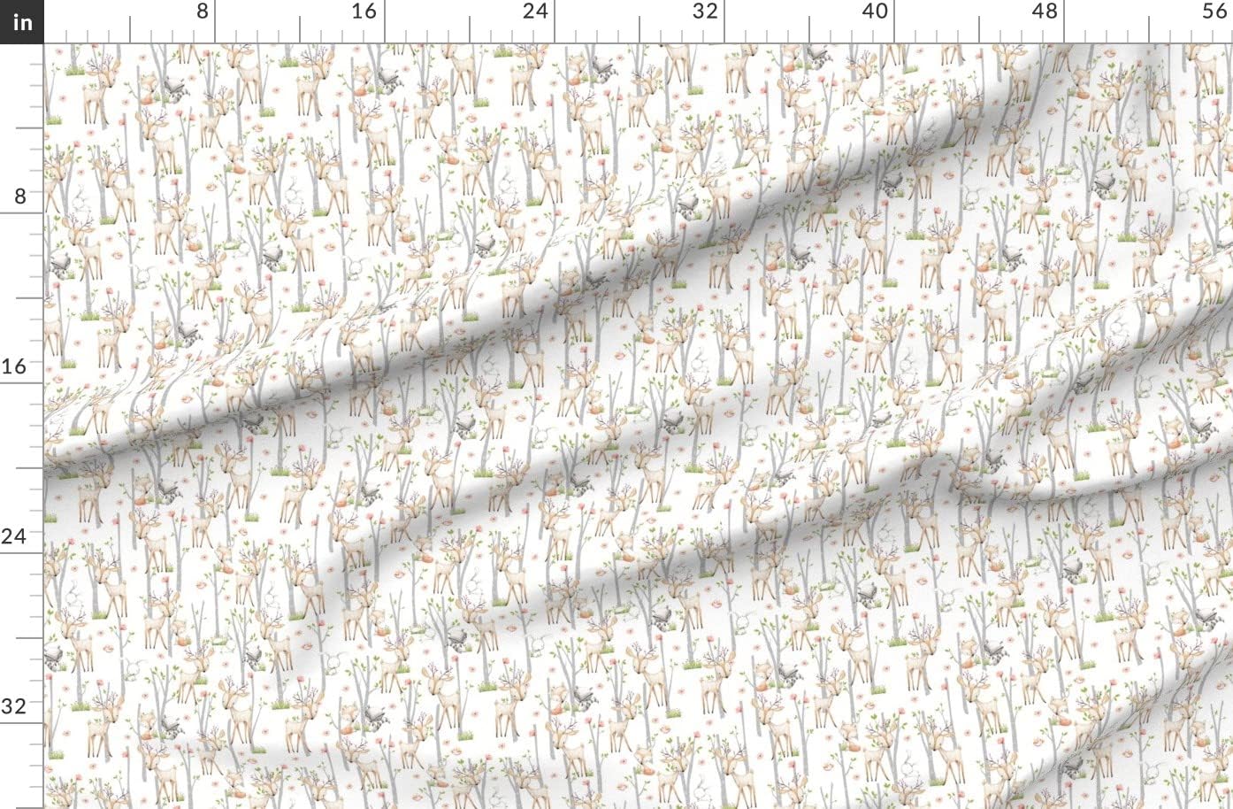 Spoonflower Fabric - Sweet Woodland Animals Deer Fox Raccoon Birch Trees Flowers Girl Printed on Organic Cotton Sateen Fabric by The Yard - Sewing Quilting Apparel Home Decor