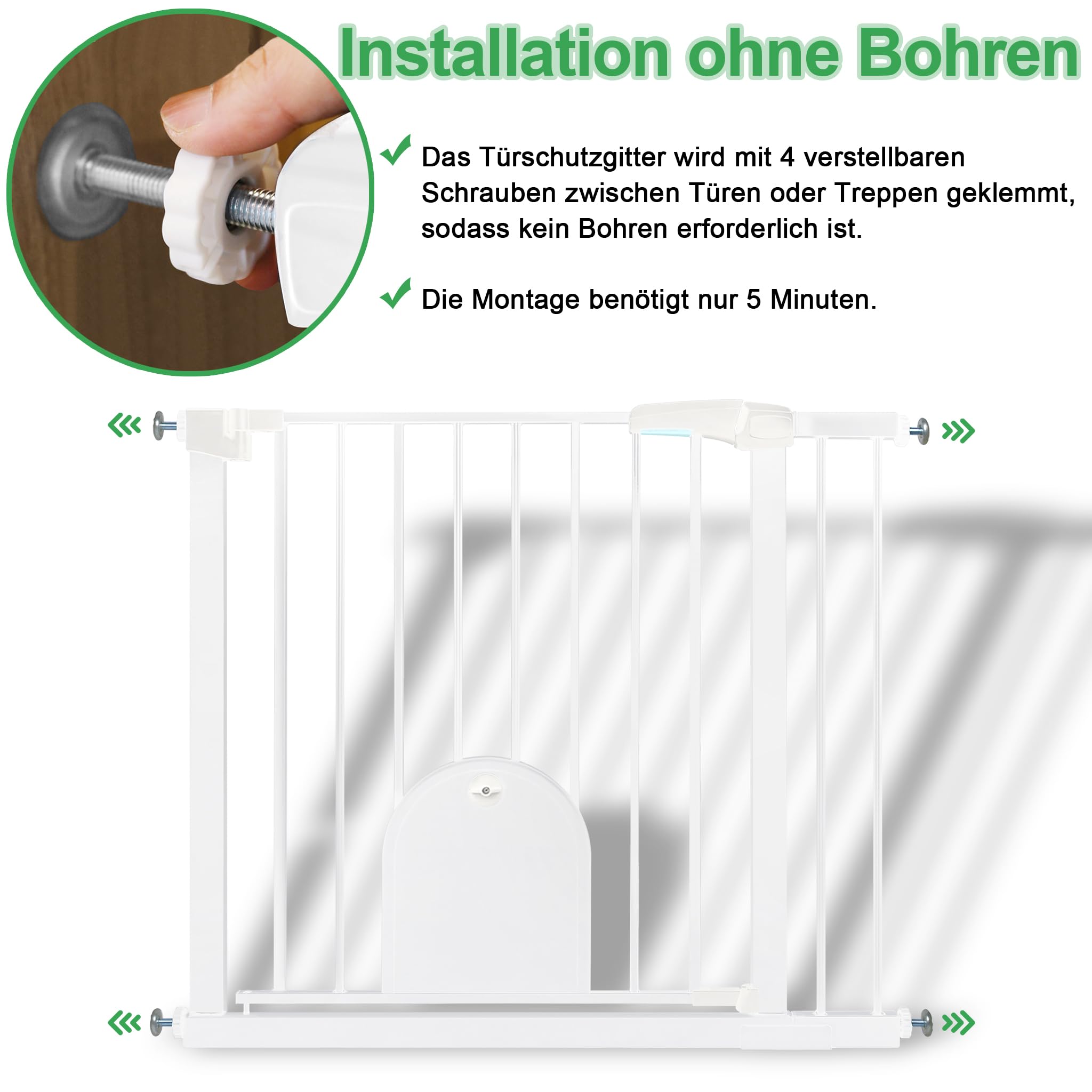 UISEBRT Treppenschutzgitter Türschutzgitter Ohne Bohren Treppengitter mit Katzentür Haustiertür, für Breiten 75-85 cm, Selbstschließend, Einhändiges Öffnen Metall Gitter, Weiß