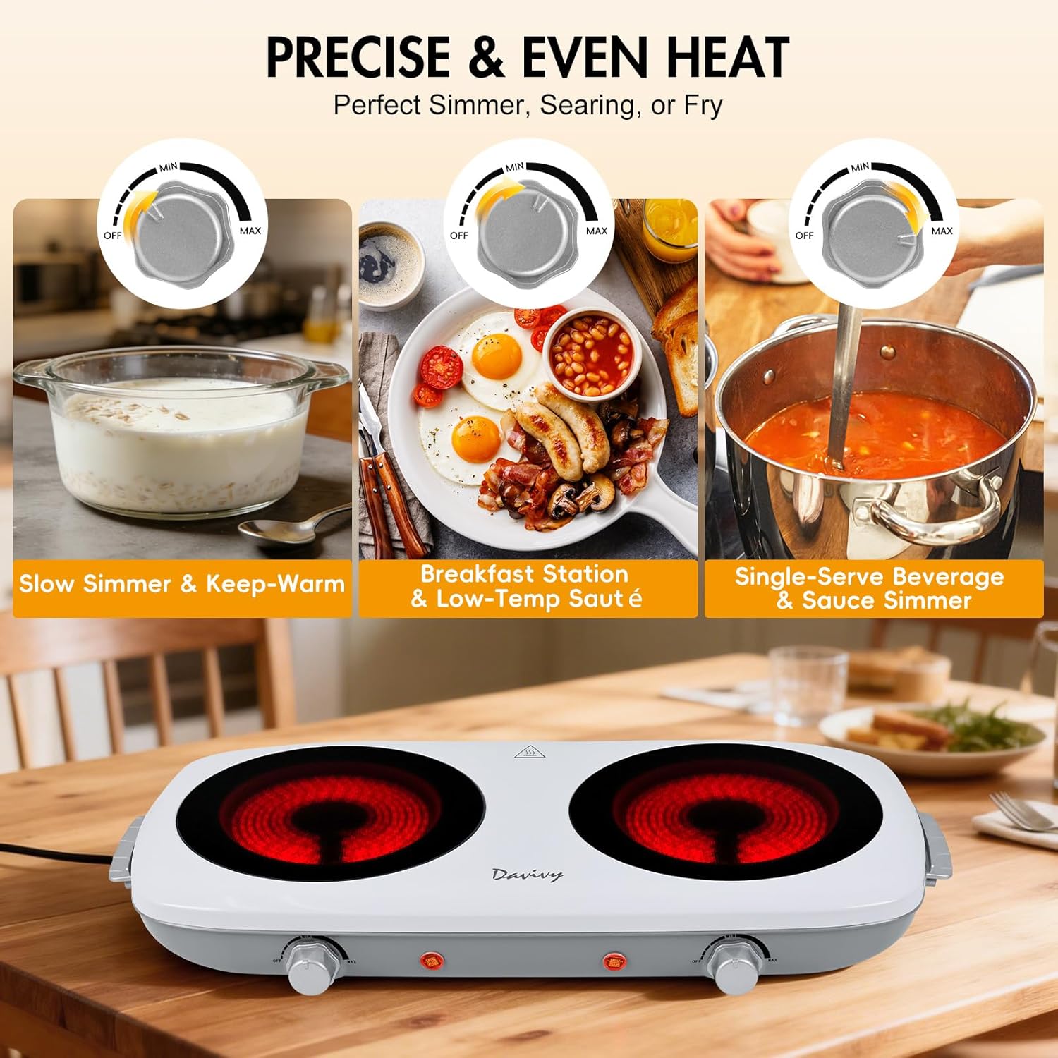 Davivy Double Burner Electric Hot Plate, 1800W (2x900W) Portable Electric Stove, 2-Burner Cooktop with Crystallite Ceramic Glass, Dual Heating Zones, Flexible Temp Control, for Kitchen, RV, Dorm