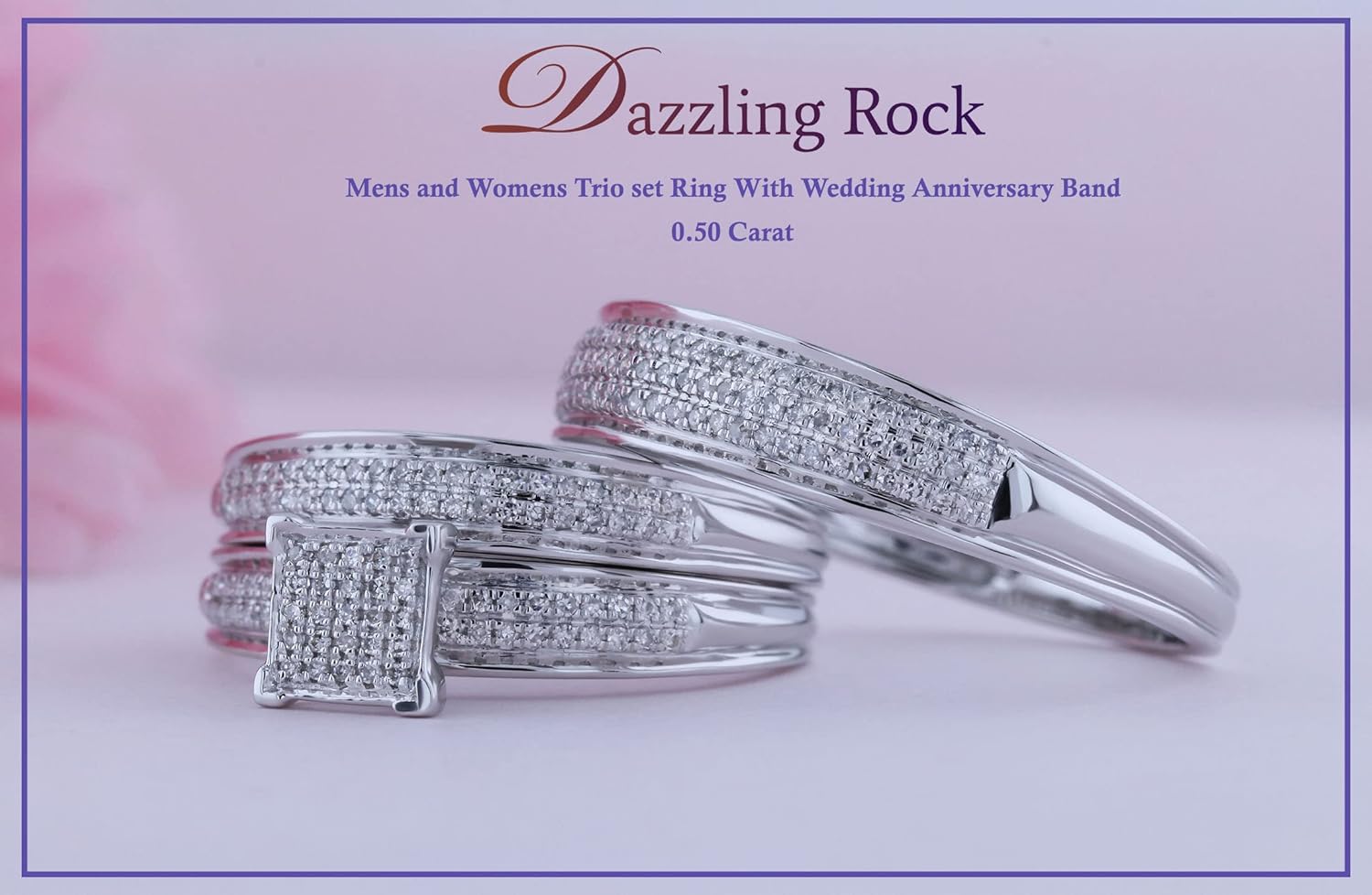 Dazzlingrock Collection Round White Diamond Micropave Trio Ring Set for Women & Men (0.50 ctw) in 14K Solid White Gold, W-7 and M-10
