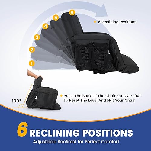 Miniatura 4 de Sheenive Asiento de estadio con soporte trasero, sillas acolchadas con respaldo y cojín, asiento plegable portátil con reposabrazos, 6 posiciones