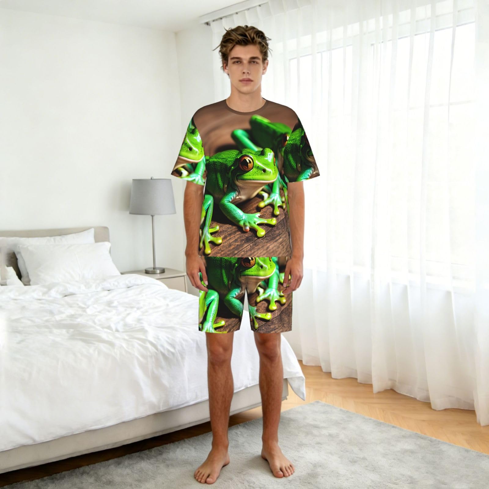 Divertido conjunto de pijama clásico para hombre, con estampado de ranas, pantalones cortos de pijama suaves para hombre, perfecto para las noches de verano