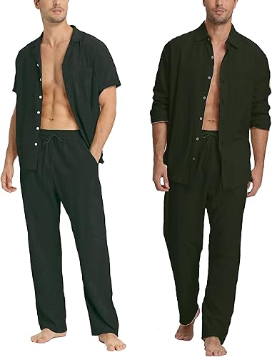 Miniatura 10 de YAOGRO Conjuntos de lino para hombre 3 piezas de camisas de playa con botones pantalones sueltos casuales de manga corta para caminar