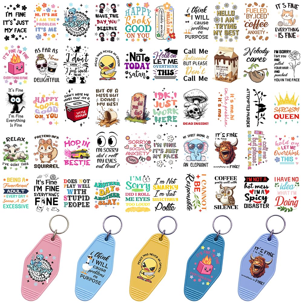 GOMAKERER 50 Pcs Funny UV DTF Transfer Stickers for Motel Keychain, Humorous UV DTF Stickers Waterproof Uvdtf Transfer Sticker Decals for Acrylic Hotel Keychain Card