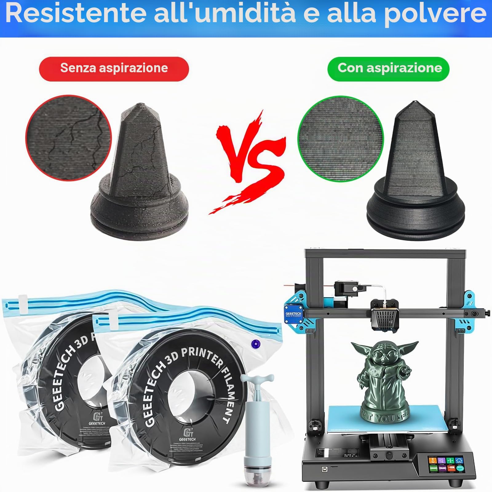 YOUNGSAY 24 Sacchetti Sottovuoto per Filamenti 3D + 48 Essiccante, 34 x 30cm Sacchetti Sottovuoto per Filamenti per Stampante 3D con Pompa Manuale e Clip di Tenuta per PLA ABS PETG TPU