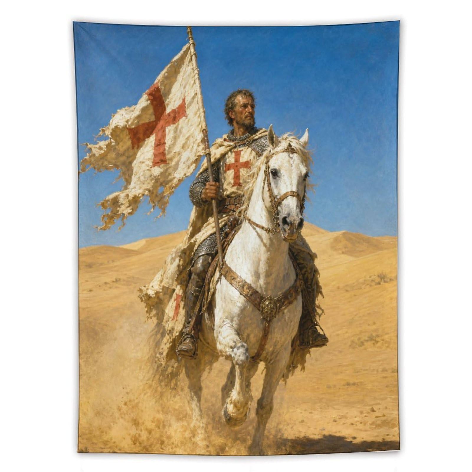 W7C8U2X3 Crusader Knight Wall Tapestry, Medieval Illustration Style