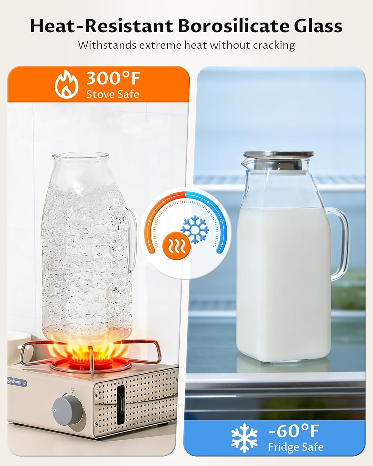 2-Pack 68oz Square Glass Water Pitcher with Lid – Borosilicate Carafes with Handle and Filter Lid for Hot & Cold Beverages, Iced Tea, Coffee, and Fridge Door Use