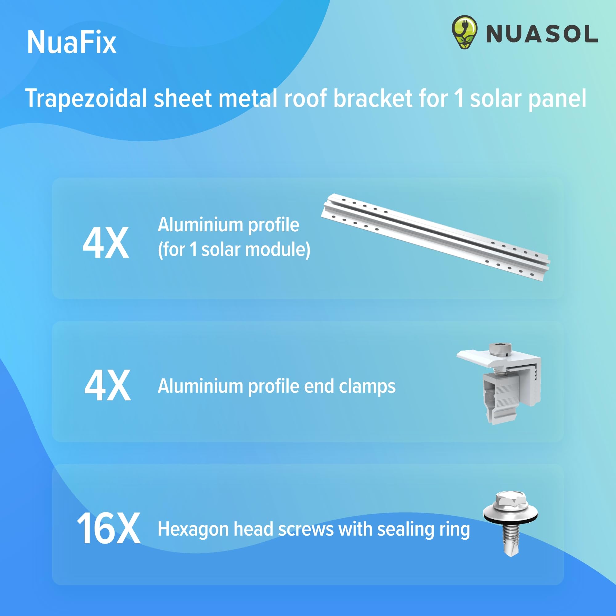 NuaSol Fotovoltaïsche montageset voor trapeziumplaat | Bevestiging voor 2 modules | U-profiel 20 cm | Zonnepaneelhouder met eindklem, middenklem en schroeven voor NuaSol Fotovoltaïsche montageset voor trapeziumplaat | Bevestiging voor 2 modules | U-profiel 20 cm | Zonnepaneelhouder met eindklem, middenklem en schroeven voor
