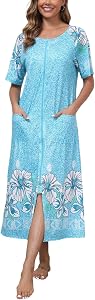 Rubehoow Robe for Women Zipper Bathrobe Short Sleeve Mumu Nightgown Full Long Lounge Robe with Pockets