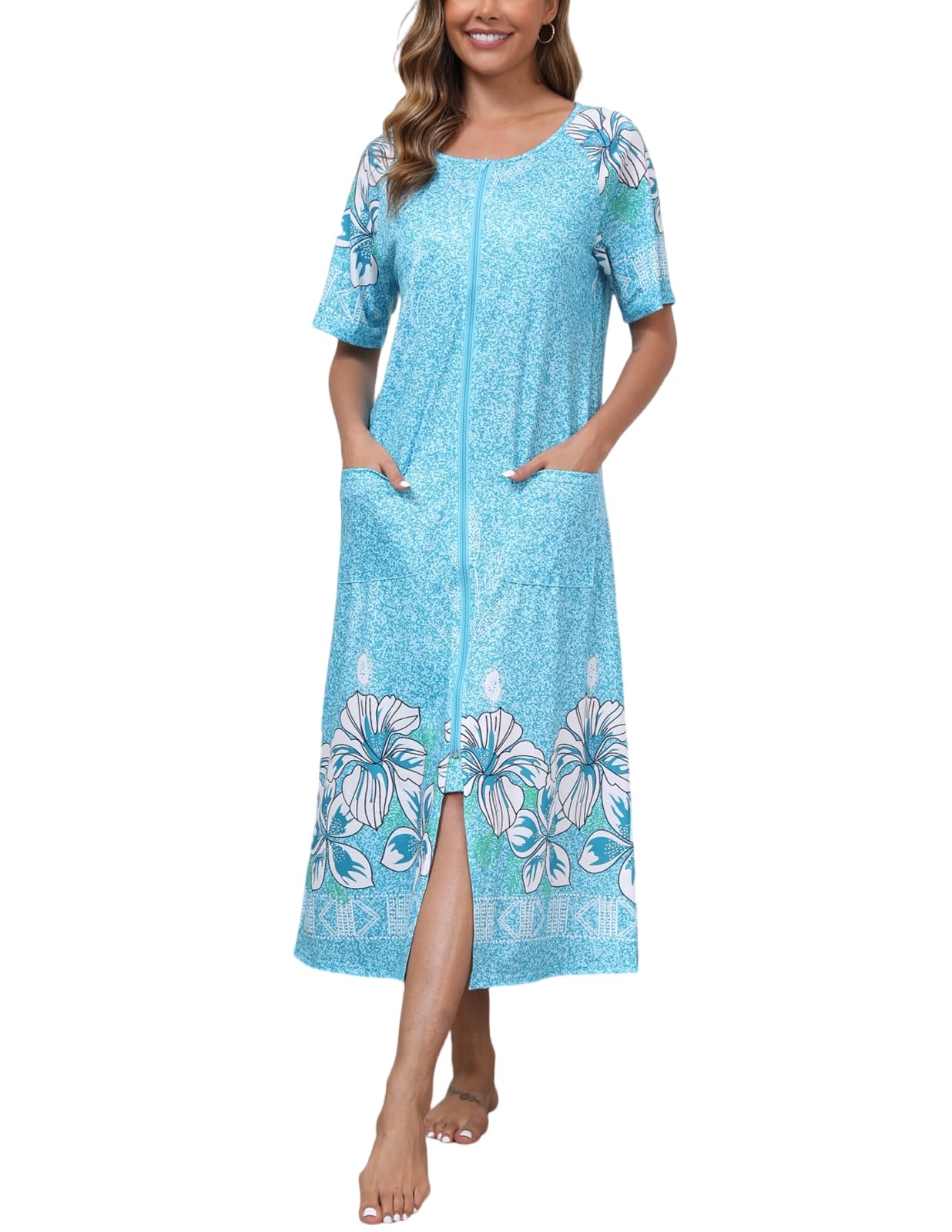– Dressing Gown Robe for Women Short Sleeve Zipper Robe Full Long Lounge Mumus Nightgown with Pockets