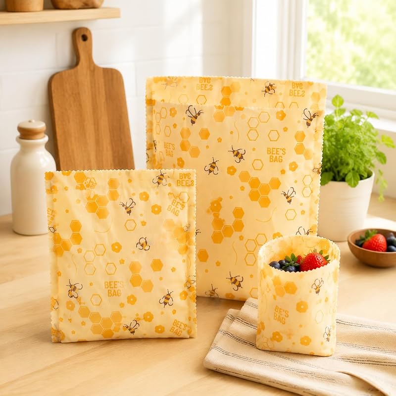 Beeswax Food Storage Bags 8 Pack-2L/2M/4S, Reusable & Natural | Washable Beeswax Wrap Pockets for Food Storage, Reduce Kitchen Waste for Fresh Food, Meal Prep, Snacks, Picnic, Lunch