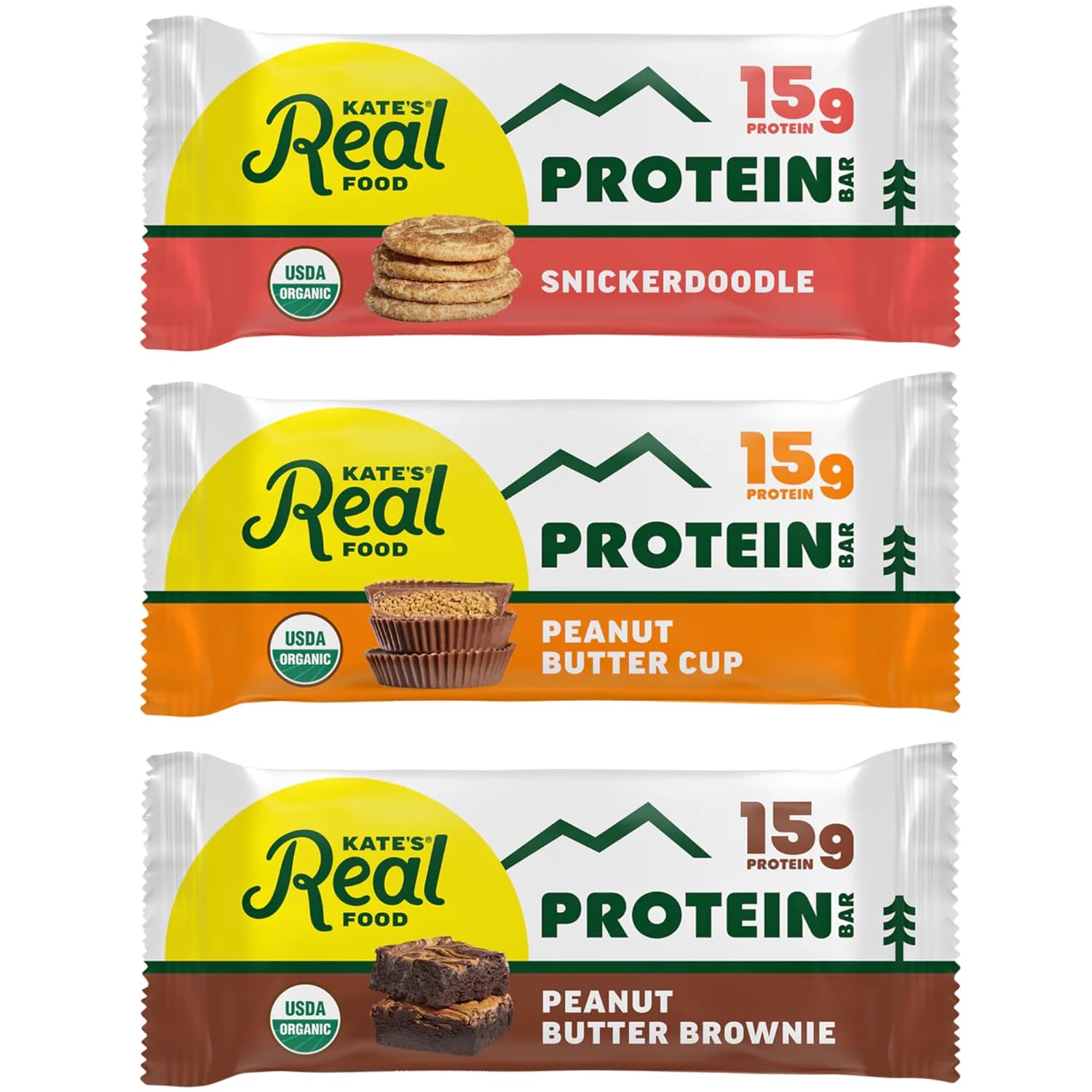 Kate’s Real Food Organic Protein Bars – (Peanut Butter, Brownie, Snickerdoodle Variety, 2.2 oz, Pack of 12) – Plant Based Protein Bars - Gluten Free, Soy Free, Non GMO, Whole Grains, and All Natural