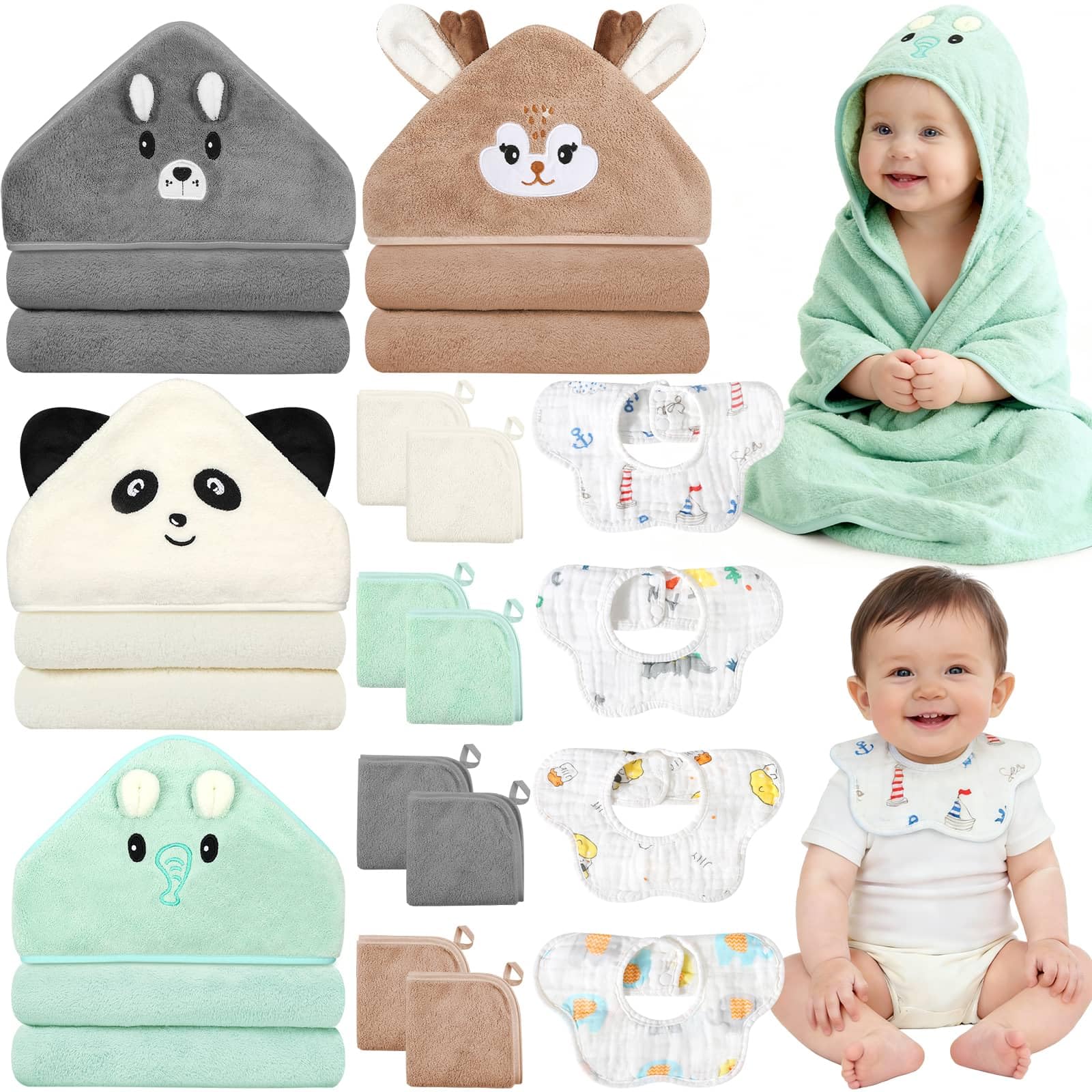 Flasoo 16 Pcs Baby Towels Set for Infants Toddlers, 4 Pcs Hooded Bath Towels, 4 Pcs Cotton Bibs &amp; 8 Pcs Washcloths Set, Absorbent Soft Newborn Gift for Boys &amp; Girls-Elephants, Pandas, Bears &amp; Moose