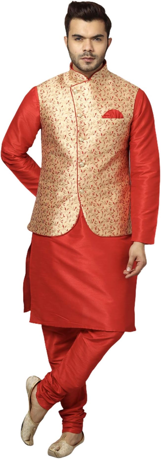 Uri and MacKenzie Men's Silk Blend Regular Kurta Churidar Pyjama with Bundi Nehru Jacket/Waistcoat
