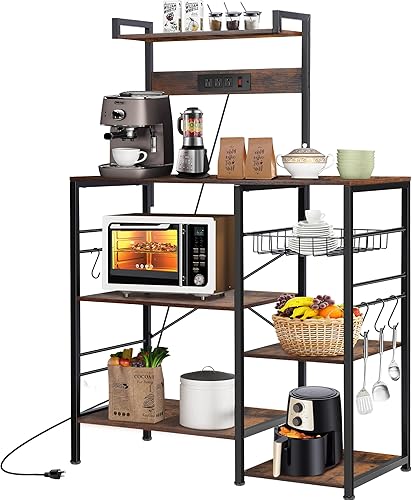 Rengue Estante para panaderos con 3 tomas de corriente, estante de almacenamiento de cocina de 4 niveles con 6 ganchos en S, soporte para horno de