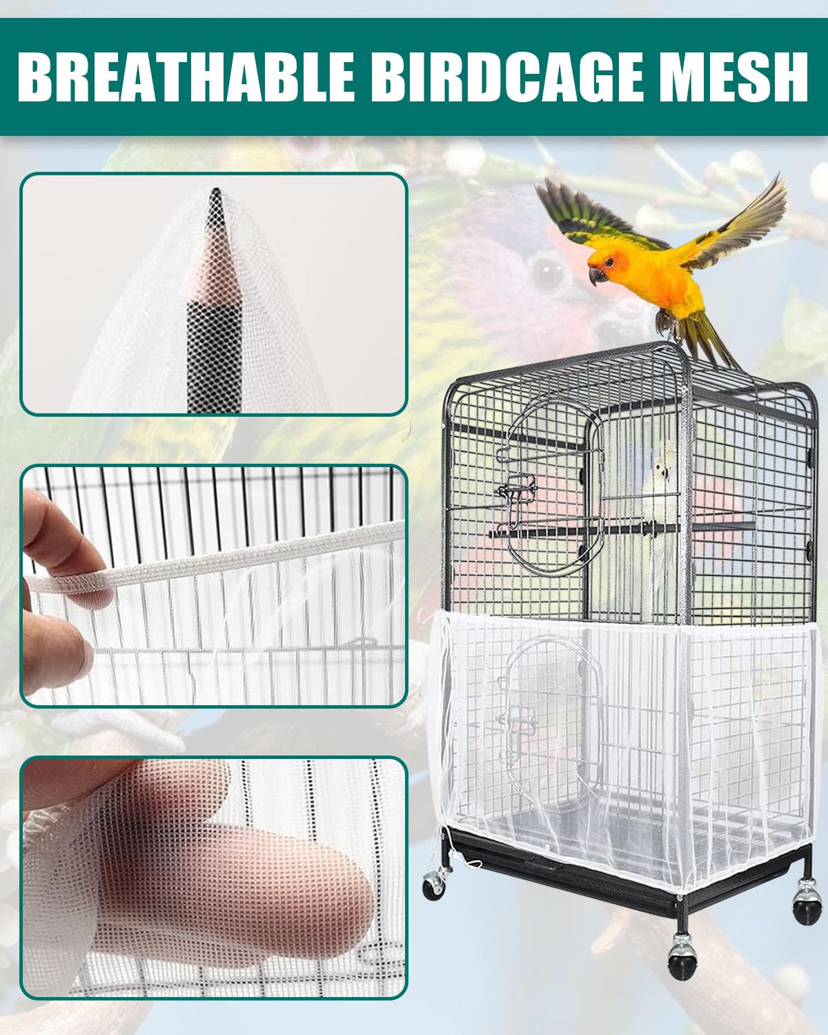 Coperture per gabbie,Copertura per Gabbia di Uccelli in Rete di Nylon, Bird Cage Seed Catcher per Uccelli Pappagalli Ventilata e Antipolvere, Per Gabbie Circonferenza di 110-220 cm*33cm