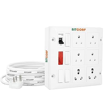 Bitcorp Multi Socket Extension Board 6 Way Plug and 4 Switch 16A 20A 25A (6500W) 15 Meter Long Length Cable Cord Compatible with Ac, Fridge, Washing Machine, Microwave and Heavy Appliances (White)