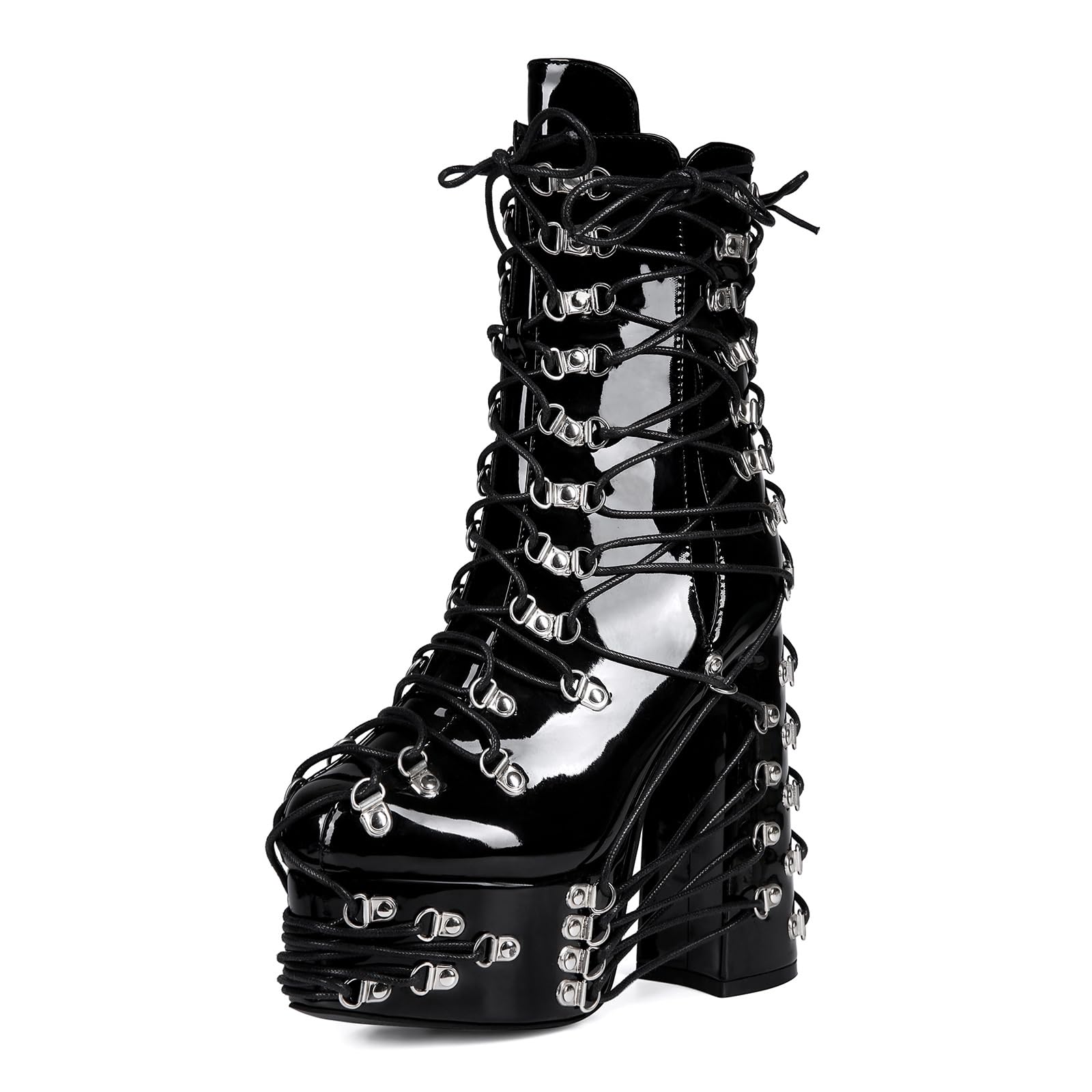 Damen Stiefeletten Plateau Schnürboots Blockabsatz Schnürstiefeletten mit D-Ringen Verzierter Schnürung