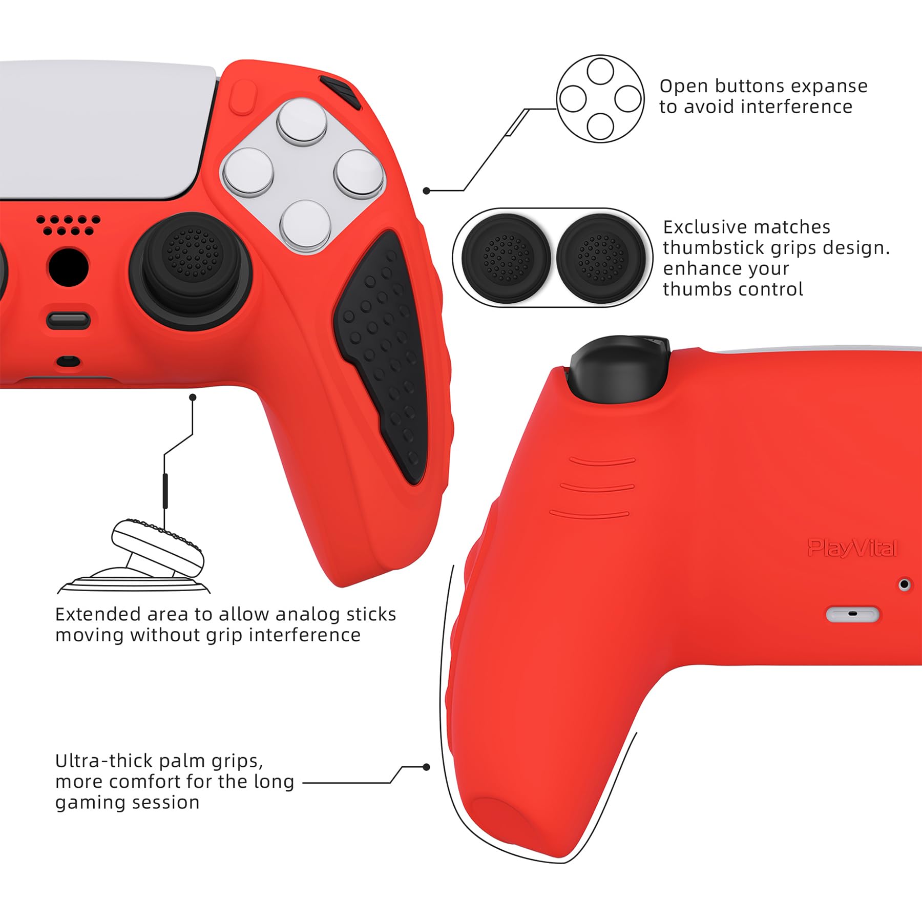 PlayVital Knight Edition Passion Red & Black Two Tone Anti-Slip Silicone Cover Skin for ps5 Controller, Soft Rubber Case for ps5 Wireless Controller with Thumb Grip Caps - 4
